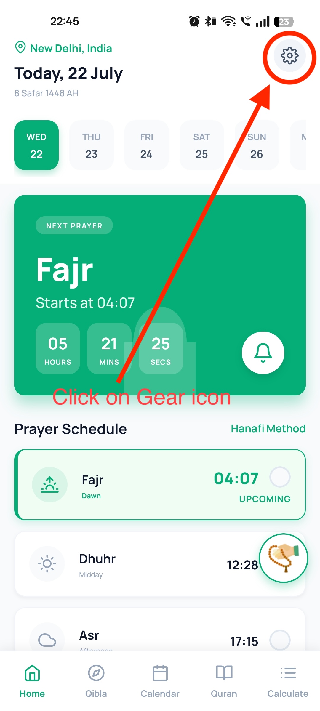 Salah Guide Home screen with the Settings gear icon highlighted