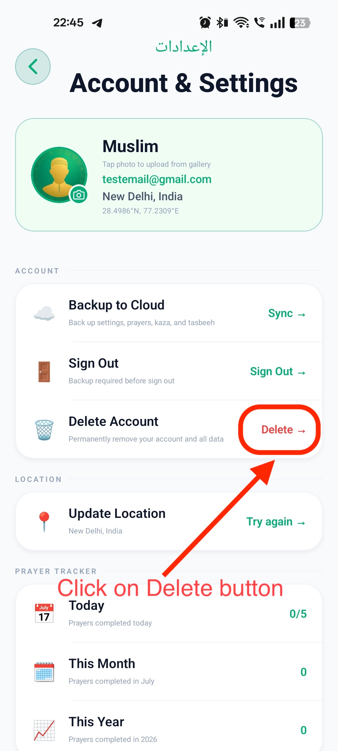 Account and Settings screen with the Delete Account button highlighted