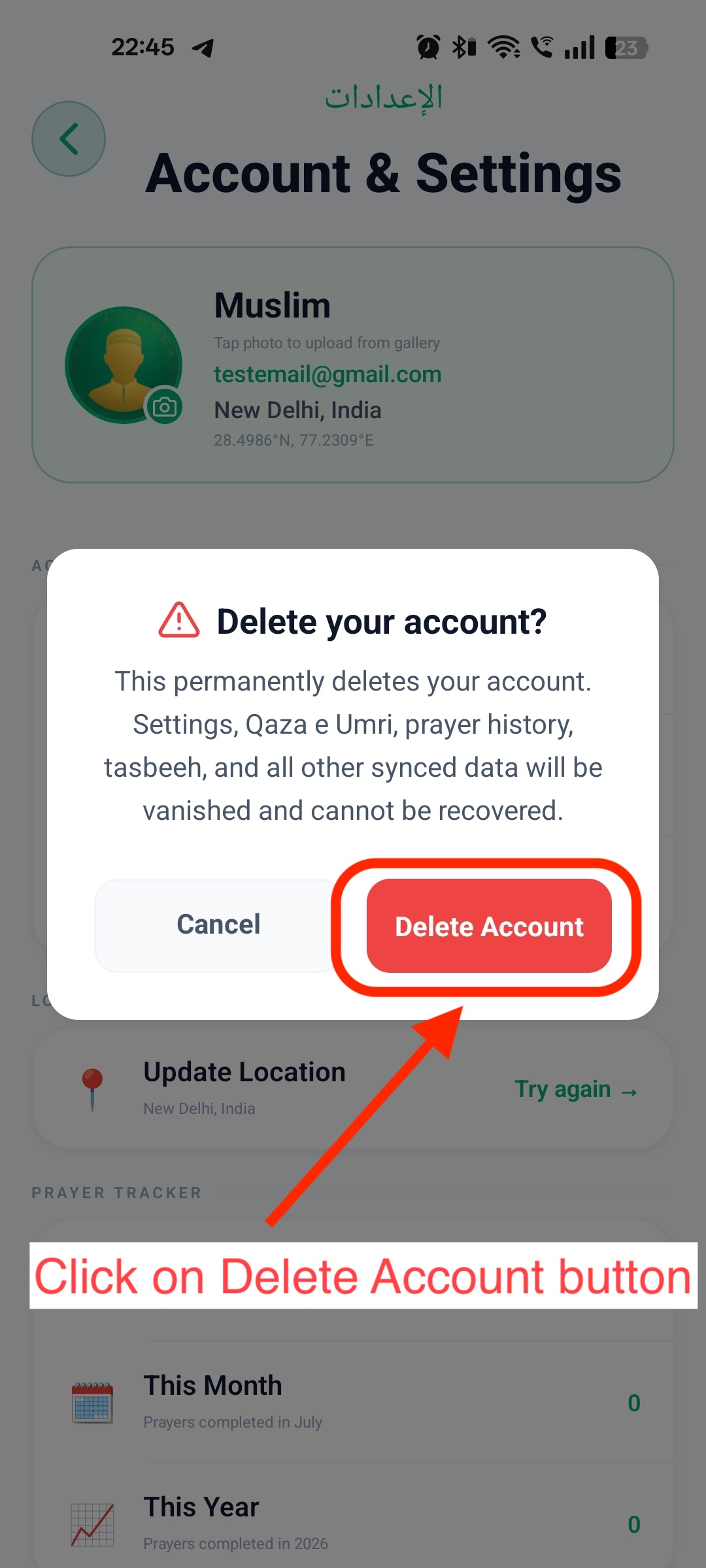 Delete account confirmation dialog with the Delete Account button highlighted